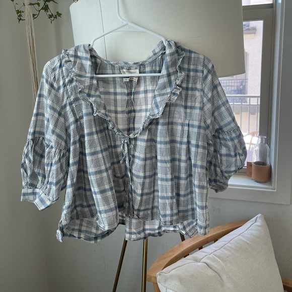 Urban Outfitters Blue Plaid Peasant Top | Small Petite